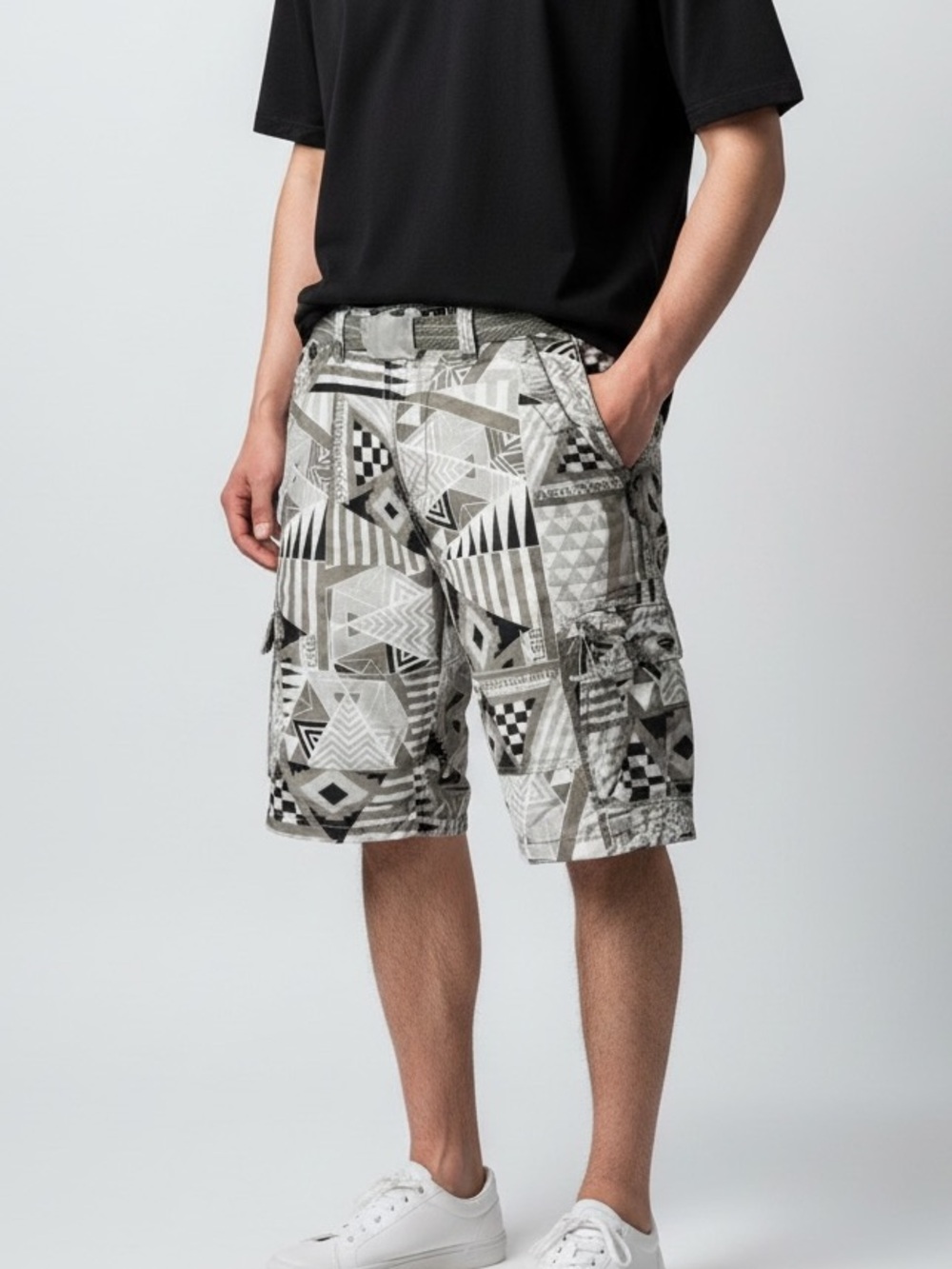 Focus NWT Men's Geometric Print Cargo Shorts - Black, White & Tan